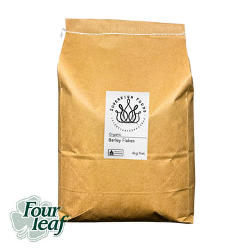 A bag of Australian Grown organic barley flakes from Sovereign foods, an online retailer specialising in Australian grown organic grain and pantry produce