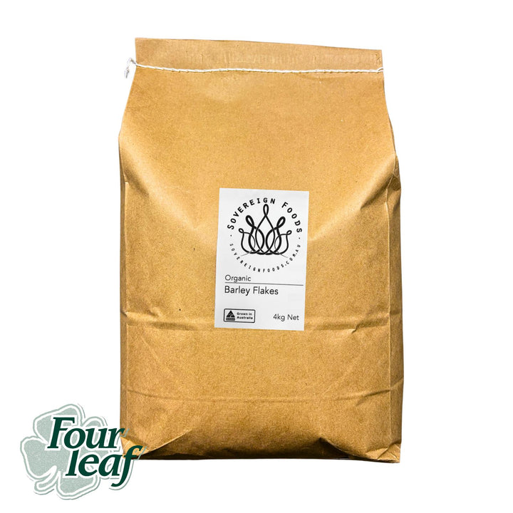 A bag of Australian Grown organic barley flakes from Sovereign foods, an online retailer specialising in Australian grown organic grain and pantry produce