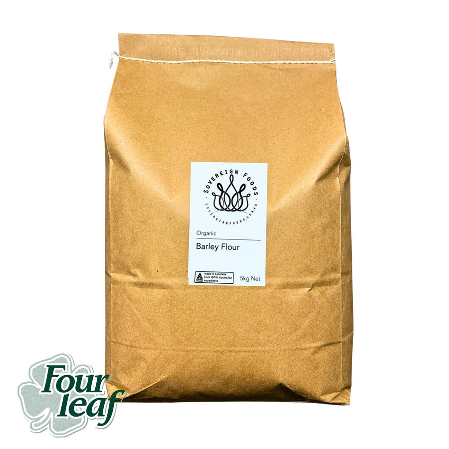 A bag of Australian grown organic whole barley flour from Four Leaf Milling in Tarlee South Australia Sold by Sovereign Foods an online retailer specialising in Australian grown organic bulk foods