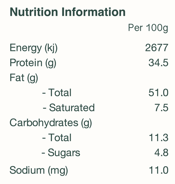 The nutrition panel for Greenacres Organics Australian grown Organic crunchy peanut butter