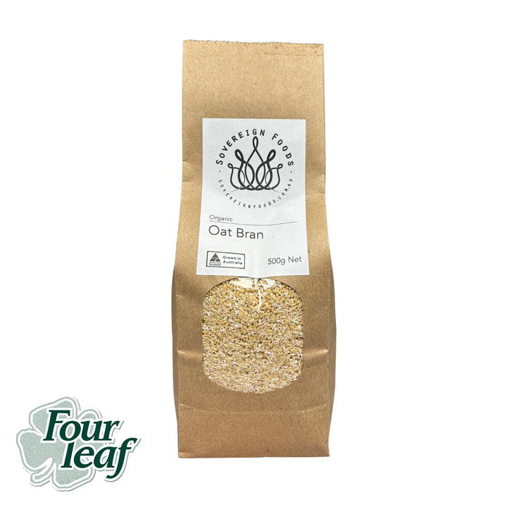 A bag of oat bran made from Australian grown oats. The oat bran was produced by Four Leaf Milling and sold by Sovereign Foods. Sovereign Foods is an online retailer that sells bulk goods exclusively from Australian growers.