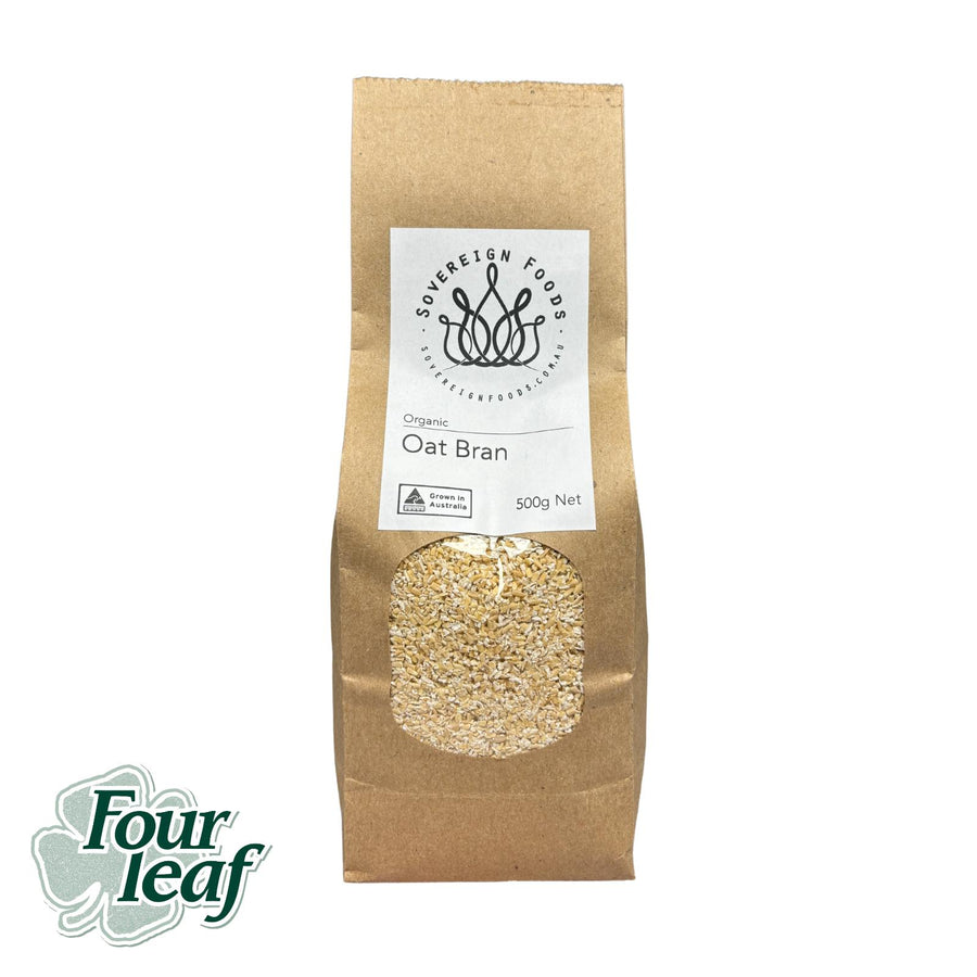 A bag of oat bran made from Australian grown oats. The oat bran was produced by Four Leaf Milling and sold by Sovereign Foods. Sovereign Foods is an online retailer that sells bulk goods exclusively from Australian growers.