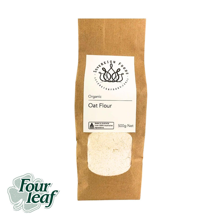 A bag of Australian grown organic oat flour from Four leaf milling, sold by Sovereign Foods an online retailer that sells exclusively Australian grown bulk goods and pantry produce. 