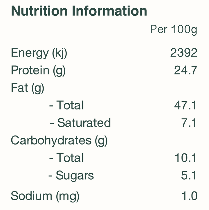 the nutrition panel of  Sovereign Foods Australian grown organic peanuts