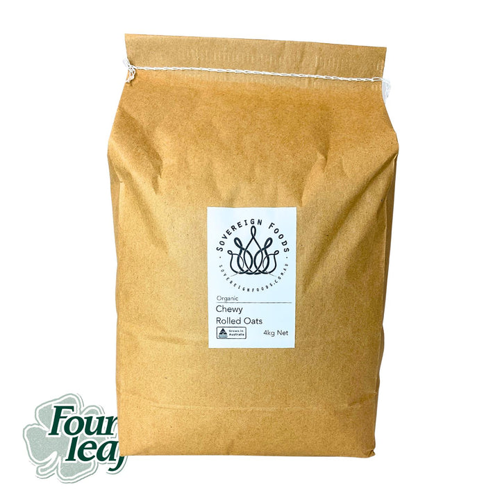 A bag of Australian Grown organic rolled oats. These oats were grown by Four Leaf Milling and repacked and sold by Sovereign foods an online retailer exclusively selling Australian grown pantry produce, bulk foods and staples. 