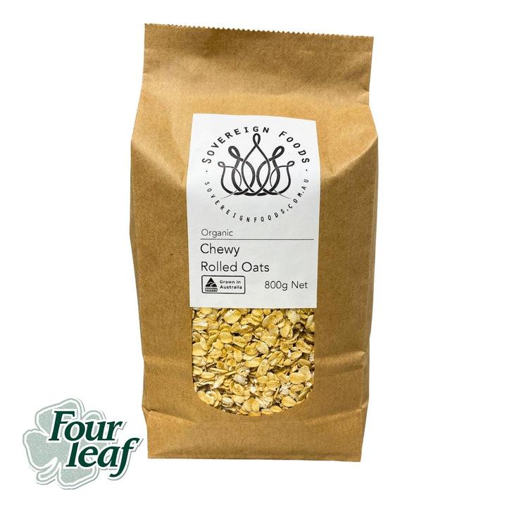 A bag of chewy rolled oats from Sovereign Foods. These oats are grown by four leaf milling in tarlee south australia and repacked and sold by Sovereign foods an online retailer that sells e