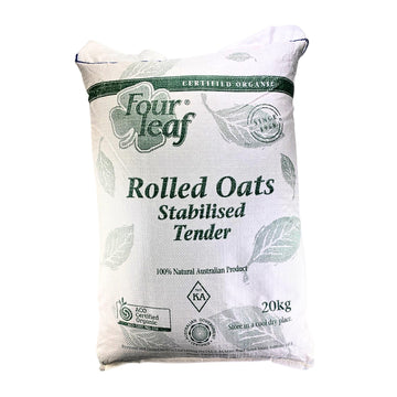 A bulk bag of Australian grown rolled oats from Four Leaf Milling and sold by Sovereign foods, an online retail selling exclusively Australian grown bulk foods and pantry produce