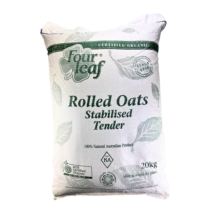 A bulk bag of Australian grown rolled oats from Four Leaf Milling and sold by Sovereign foods, an online retail selling exclusively Australian grown bulk foods and pantry produce