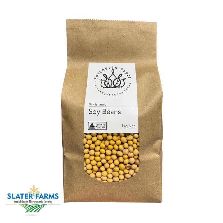 A 1kg bag of Australian grown organic soybeans. These soy beans were grown biodynamically by Slater Farms in Northern NSW and are sold by Sovereign Foods. Sovereign Foods is a brisbane based online supplier of 100% Australian grown grain, flours legumes and nuts