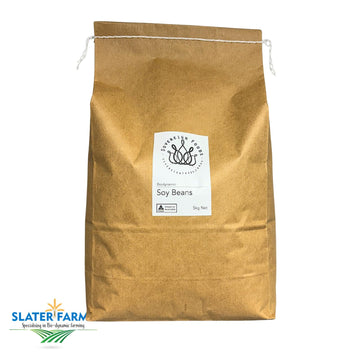 A 5kg bag of Australian grown organic soybeans. These soy beans were grown biodynamically by Slater Farms in Northern NSW and are sold by Sovereign Foods. A brisbane based online supplier of Australian grown grain, flours and legumes