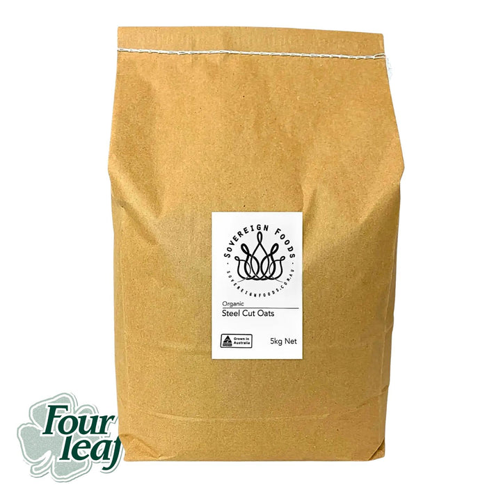 A bulk bag of Australian Grown Steel Cut oats grown by Four Leaf Milling and repacked and sold by Sovereign Foods an online retailer specialising in Australian grown grains, pulse, flours and nuts