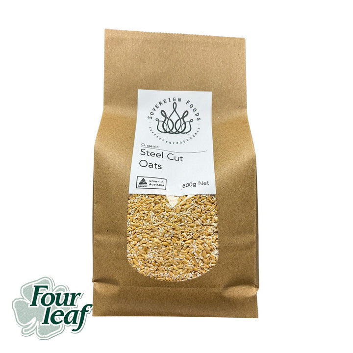 A bag of Australian Grown Steel Cut oats grown by Four Leaf Milling and repacked and sold by Sovereign Foods an online retailer specialising in Australian grown grains, pulse, flours and nuts