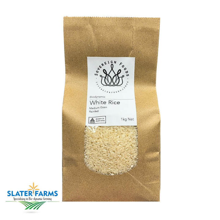 A bag of Australian grown organic rainfed white rice. This organic white rice has been grown by Slater Farms, a biodynamic farm in Northern NSW. The product is being sold by Sovereign Foods. An online supplier of Australian grown organic food products, like grain, flour, legumes and nuts. 