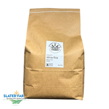 A 5kg bag of organic white rice. Grown biodynamically without irrigation by slater farms in Northern NSW. This organic Australian grown rice was repacked and sold by Sovereign Foods, an online retailer of Australian grown organic produce. 