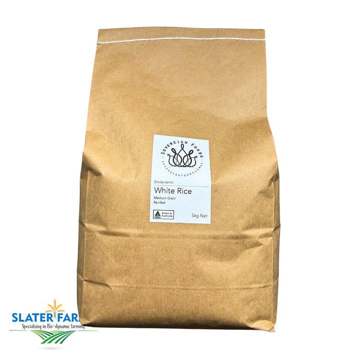 A 5kg bag of organic white rice. Grown biodynamically without irrigation by slater farms in Northern NSW. This organic Australian grown rice was repacked and sold by Sovereign Foods, an online retailer of Australian grown organic produce. 