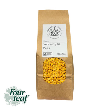 A bag of Australian grown organic Yellow Split Peas. Sold by Sovereign Foods. A Brisbane based supplier of Australian grown organic legumes, grains and flour.