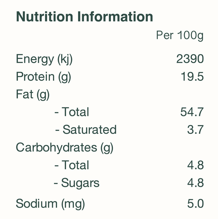 Nutrition information for the Almond Farmers Australian Grown Pure Almond Butter