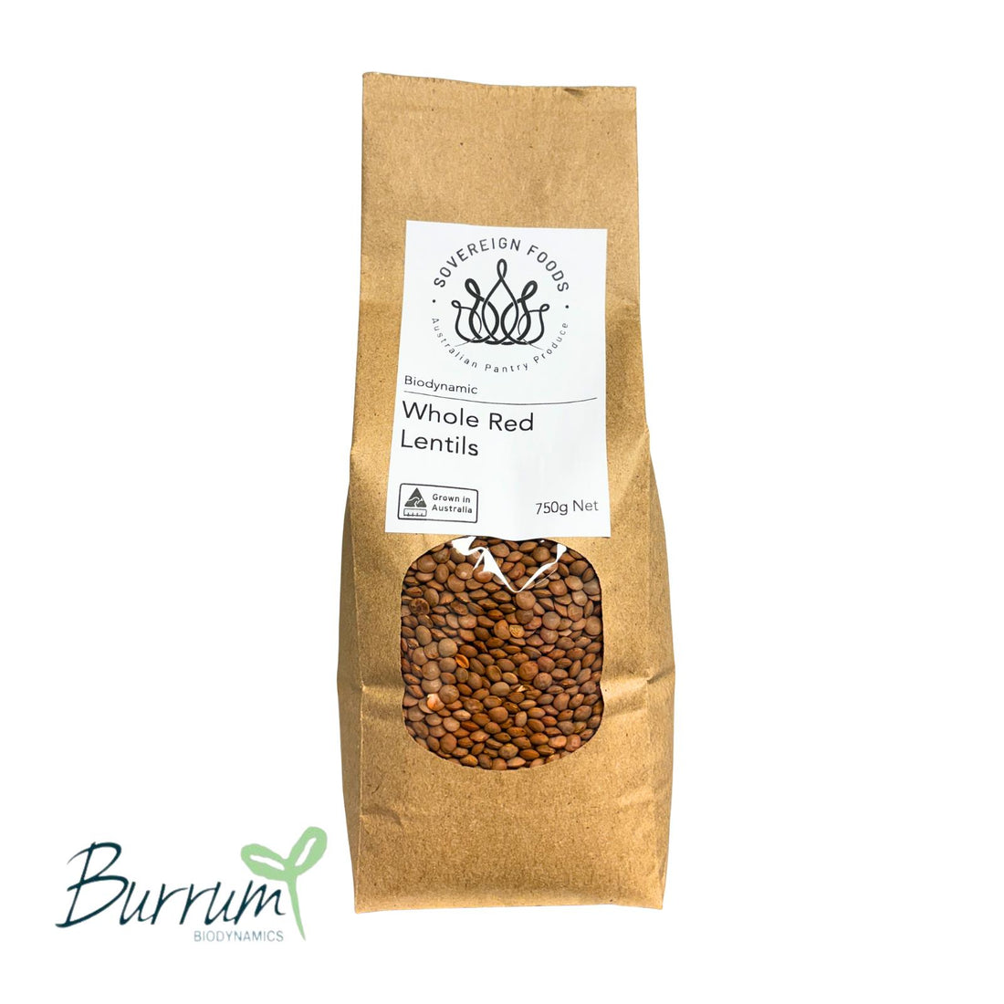 A bag of Australian grown organic red lentils. produced by Burrum Biodynamics