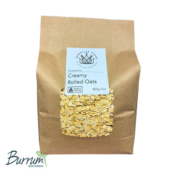 A bag of Australian Grown organic rolled oats. Produced by Burrum Biodynamics and repacked and sold by Sovereign Foods 