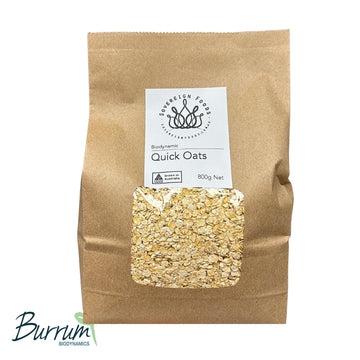 A bag of Australian organic rolled oats. Biodynamically grown by Burrum Biodynamics in Marnoo western Victoria and sold by Sovereign Foods. Sovereign Foods is a online supplier of Australian grown dry goods including Australian grown organic grains for milling, Organic flour, organic Australian grown nuts and seeds.