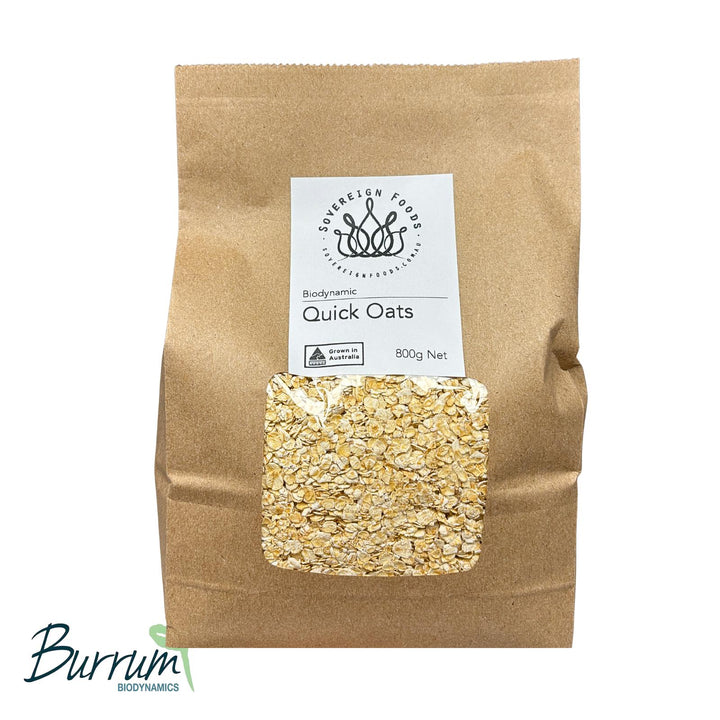 A bag of Australian organic rolled oats. Biodynamically grown by Burrum Biodynamics in Marnoo western Victoria and sold by Sovereign Foods. Sovereign Foods is a online supplier of Australian grown dry goods including Australian grown organic grains for milling, Organic flour, organic Australian grown nuts and seeds.