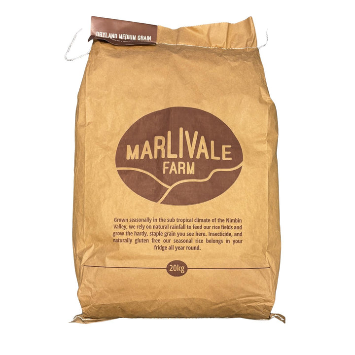 A 20kg bag of Australian grown chemical free rainfed dryland brown rice. This brown rice was grown by Marlivale farm in Northern NSW