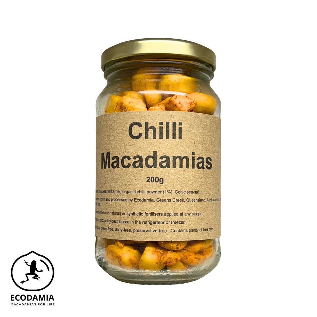 a jar of organic roasted chilli macadamias. Grown in Queensland and delicious for a snack