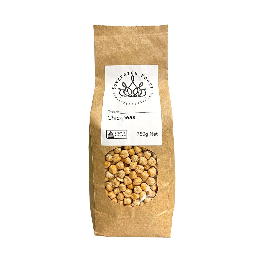 A kraft paper bag of organic chickpeas. Grown by Waltanna Farms and sold by Sovereign Foods