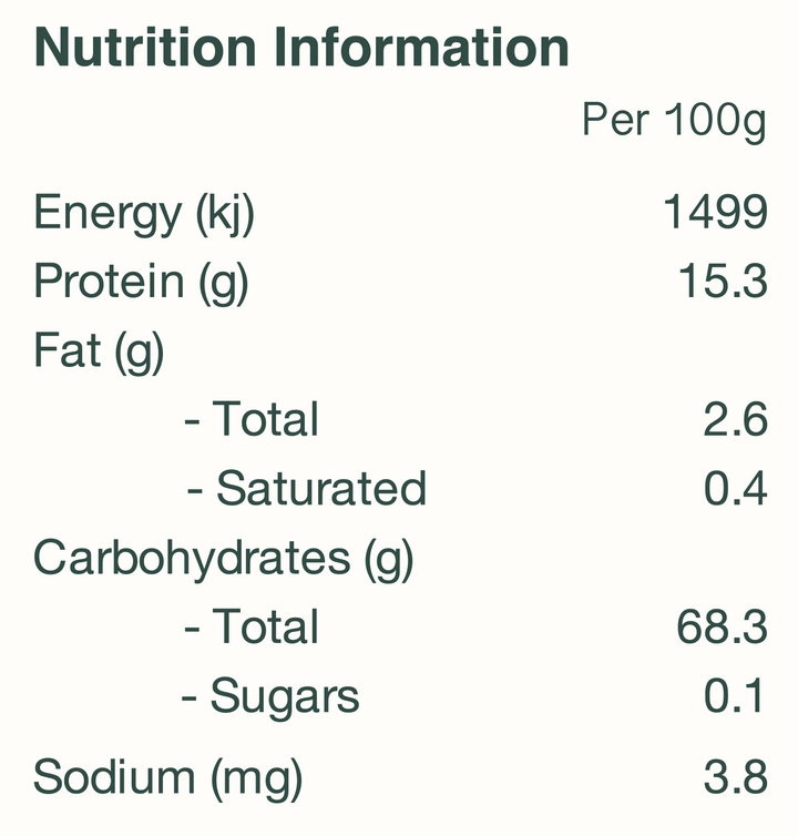 nutrition panel for Australian made organic khorasan (kamut) pasta