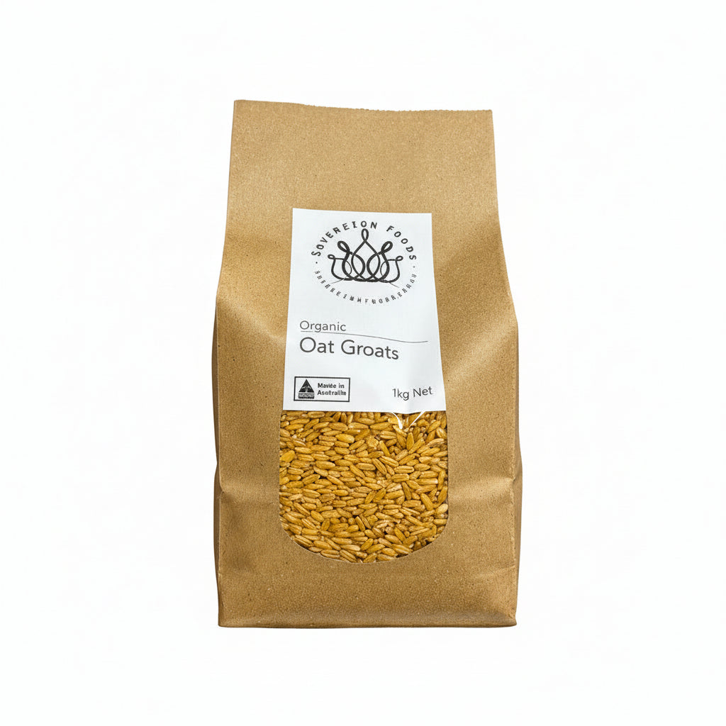 Bag of Sovereign Foods organic Australian oat groats on a white background