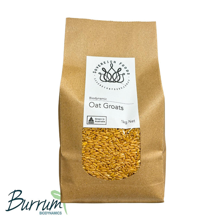 A bag of organic oat kernels. Also known as groats. These groats have been biodynamically farmed by burrum biodynamics