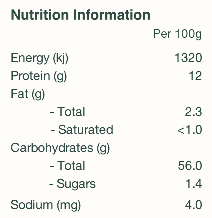 Nutrition panel for organic rye flour from Four leaf milling