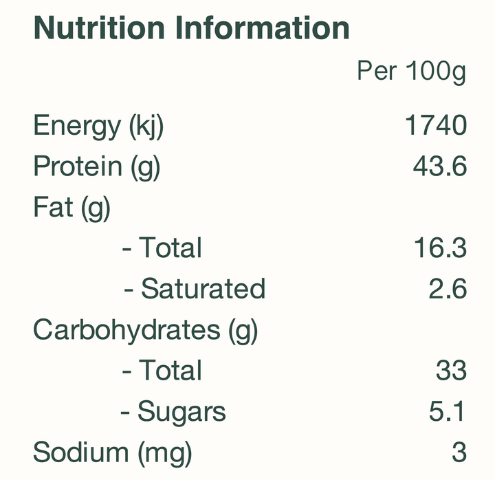 The nutrition information panel for Hayman variety Australian grown organic soy beans. Non GMO Soy beans, grown biodynamically in Northern NSW by Slater Farms