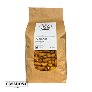 A bag of sustainably grown chemical free Australian almonds from Casarosa almonds and sold by sovereign foods