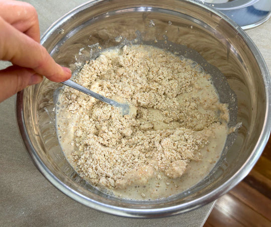 Adding milk into a dough made from freshly milled organic purple straw wheat for homemade wholegrain scones. Purple straw wheat is perfect for biscuits, cookies, cakes and scones. 