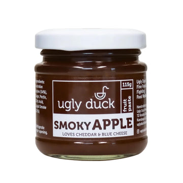 A jar of apple fruit paste made from rescued queensland fruit. Made by Ugly duck fine foods in Brisbane QLD