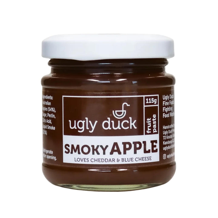 A jar of apple fruit paste made from rescued queensland fruit. Made by Ugly duck fine foods in Brisbane QLD