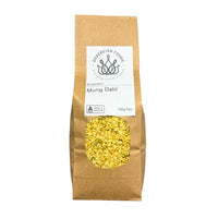 A 750g bag of Sovereign Foods australian grown Mung Dahl in a brown kraft paper pouch with a clear window showing the yellow-green Moong dahl