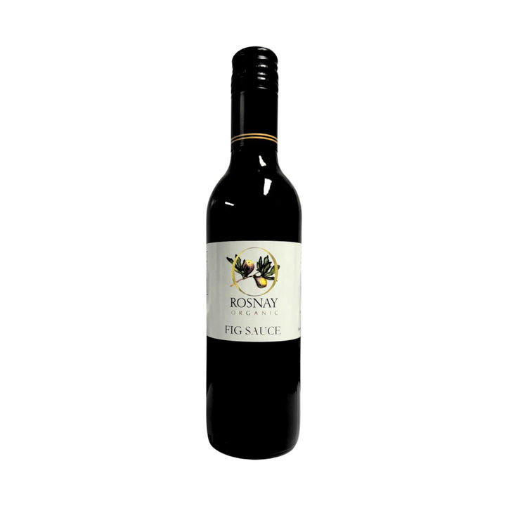 A bottle of Rosnay Organic Fig Sauce with a white label featuring a graphic of a fig and leaves, against a plain background.