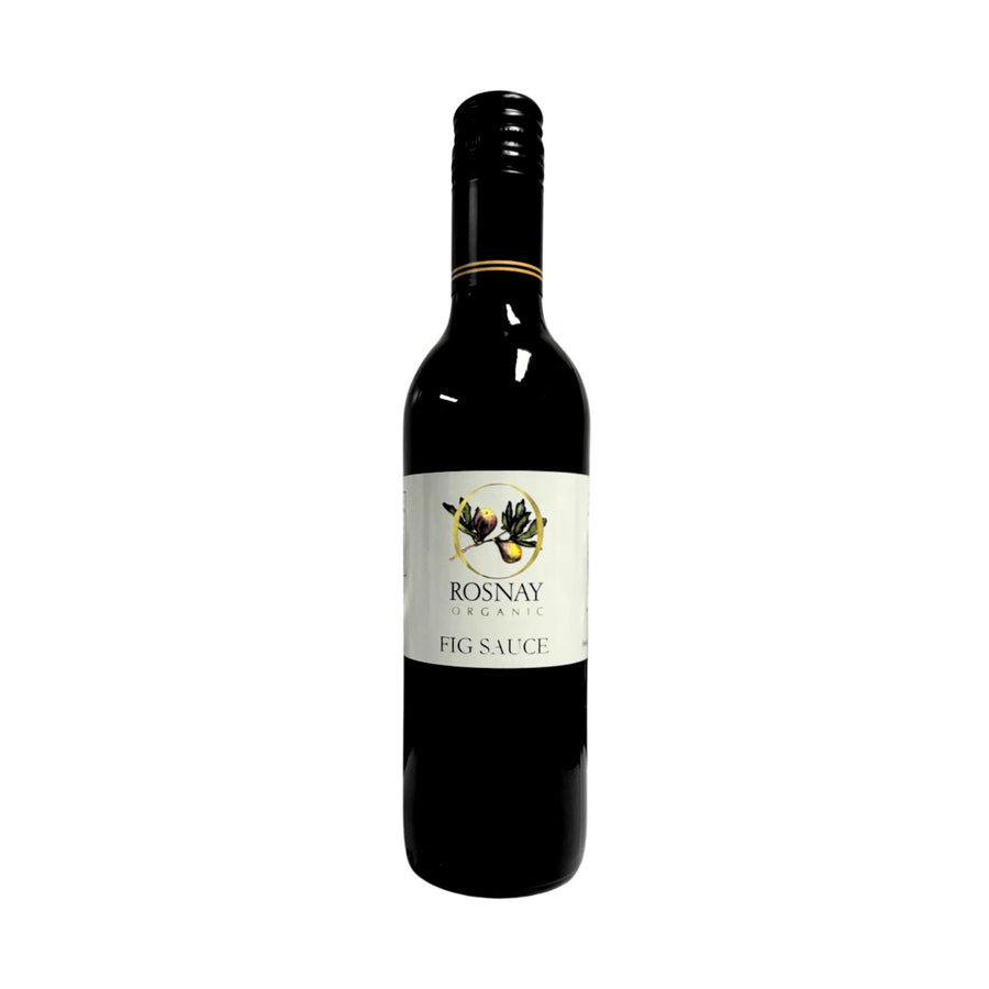 A bottle of Rosnay Organic Fig Sauce with a white label featuring a graphic of a fig and leaves, against a plain background.