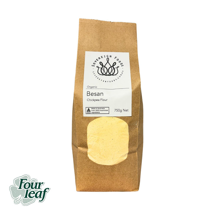 A bag of Australian grown organic besan - chickpea flour. 