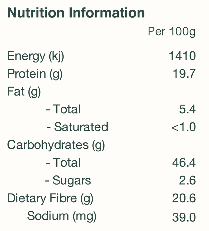 nutrition panel for Australian grown organic besan flour from Four Leaf Milling