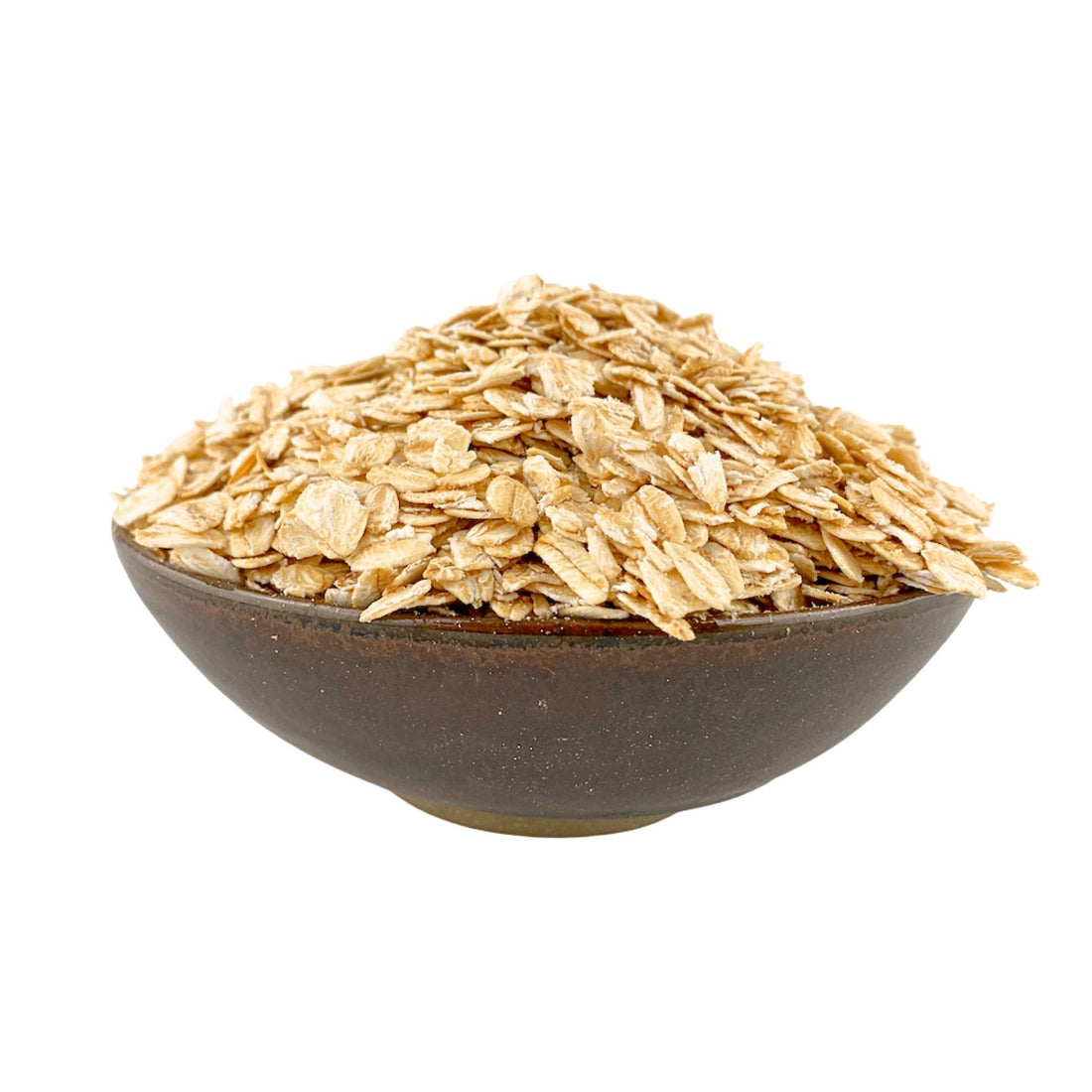 Bowl of Australian grown organic rolled oats on a white background