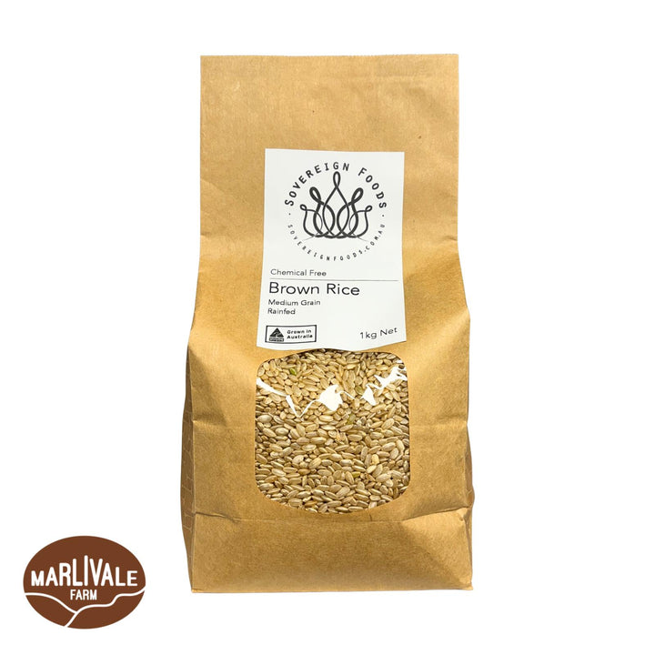 A bag of Australian grown chemical free rainfed dryland brown rice. This brown rice was grown by Marlivale farm in Northern NSW
