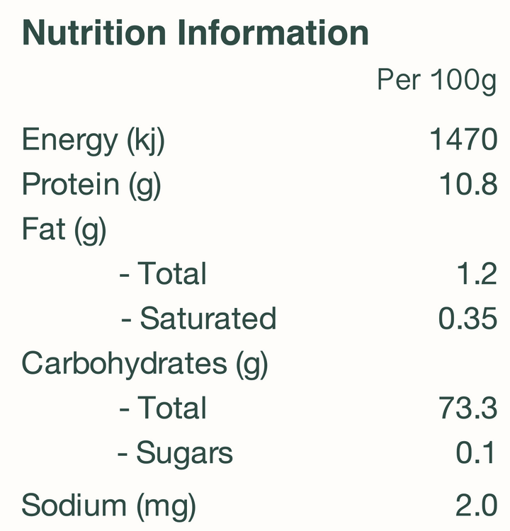 nutrition panel for L'abruzzese's organic durum wheat pasta made from Australian organic wheat