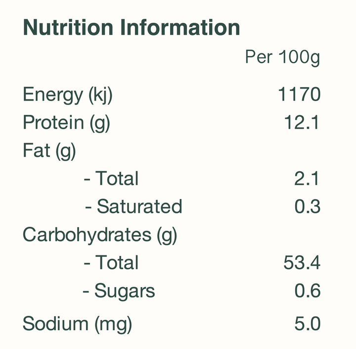 The nutrition panel for Australian made organic wholemeal pasta from L'Abruzzese in South Australia