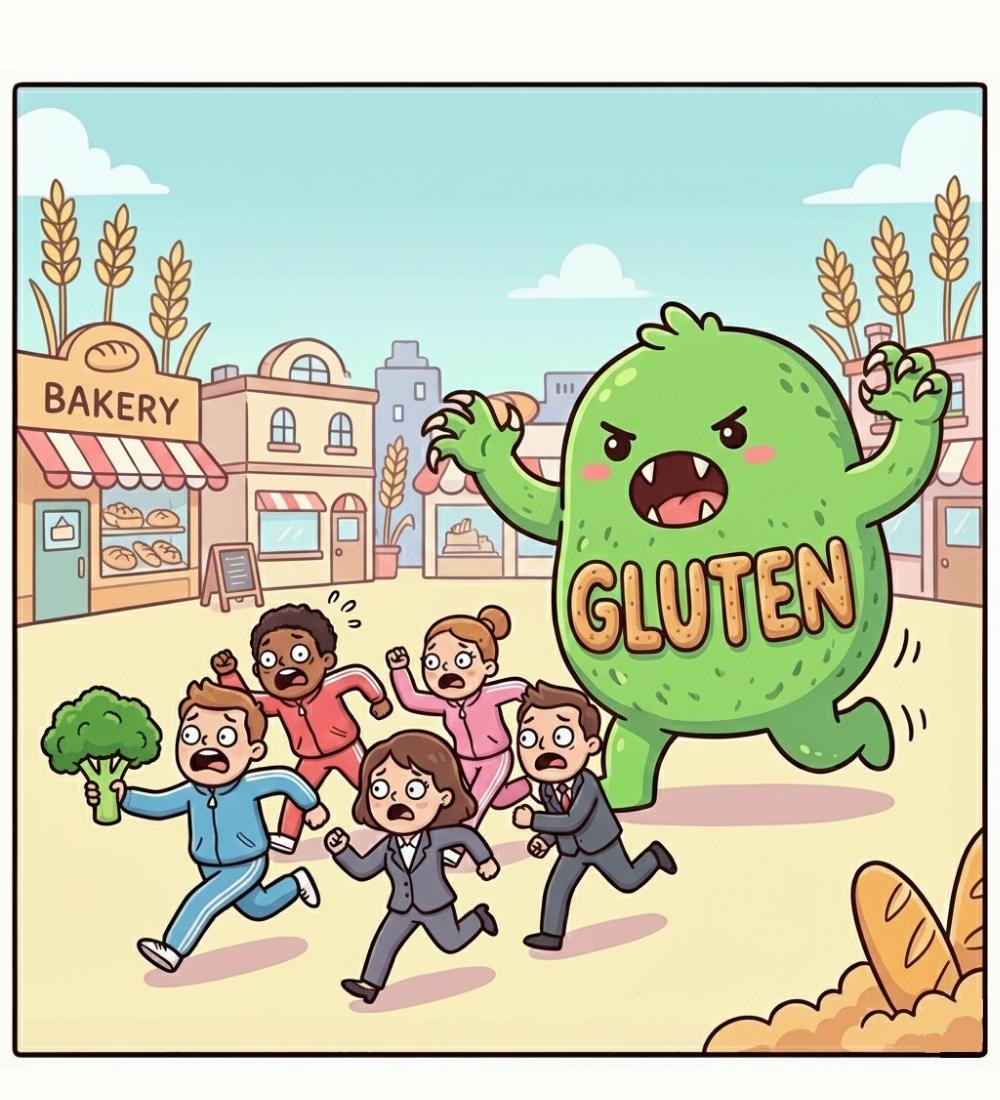 A cartoon illustrating the silly notion that gluten is a monster that is out to hurt people. The illustration shows a cartoon monster with the word gluten on its chest chasing people and scaring them