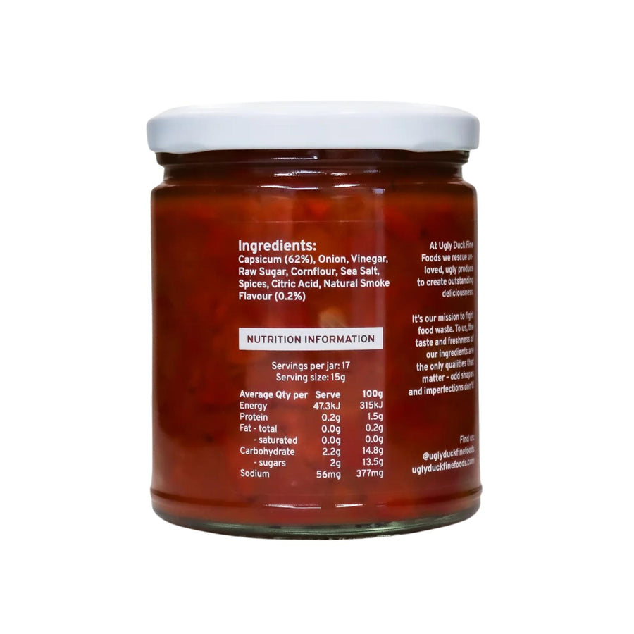a jar of capsicum salsa showing the ingredients. It was made in Brisbane by Ugly Duck Fine foods from rescued Fruit