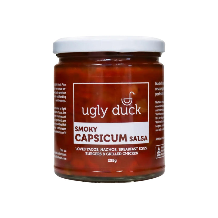 a jar of capsicum salsa made in Brisbane by Ugly Duck Fine foods from rescued Fruit