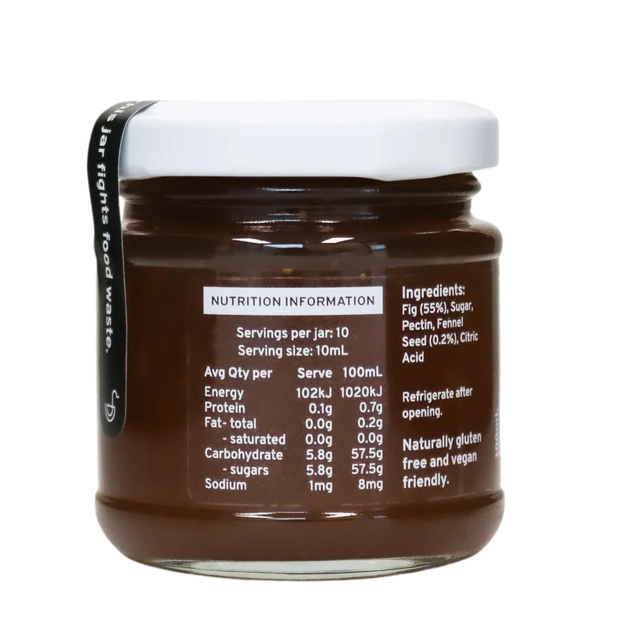 The back of a jar of fig fruit paste to show the nutrition. This fruit paste is made from rescued queensland fruit. Made by Ugly duck fine foods in Brisbane QLD